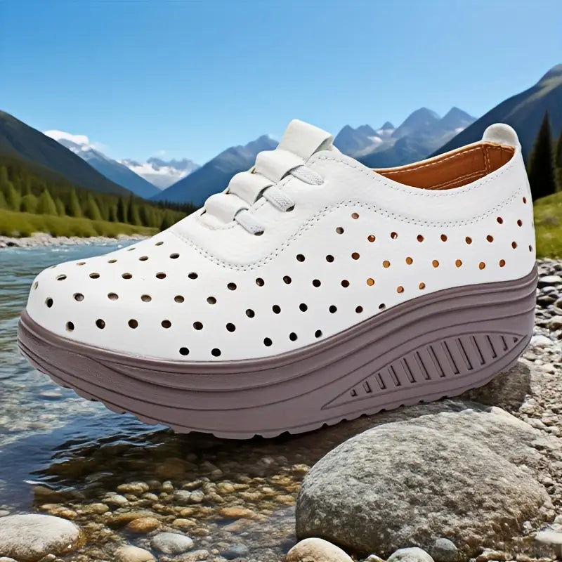 Larch wood grain thick-soled high-heeled flat shoes